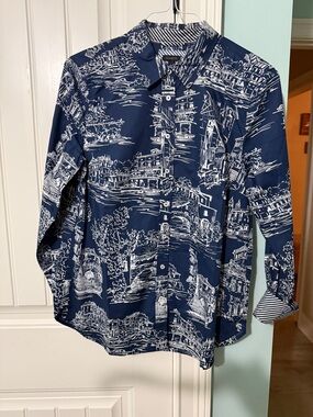 Talbots Navy and White Scenic Print Button-Front Shirt